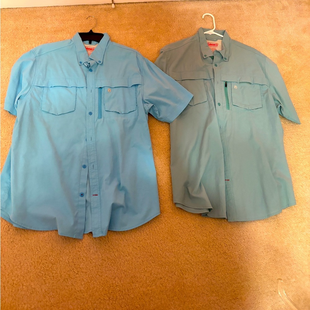 Men’s Coleman (2) sports shirts. Blue and Green. Buy 2 or 1. Velcro pocket.